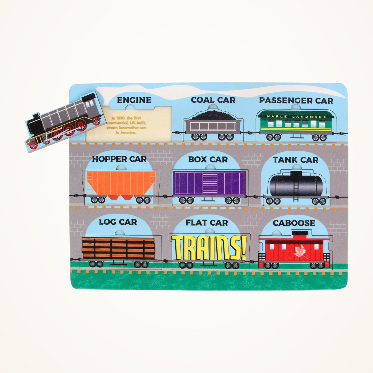 Maple Landmark Lift & Learn Trains Puzzle photographed on a warm ivory background.