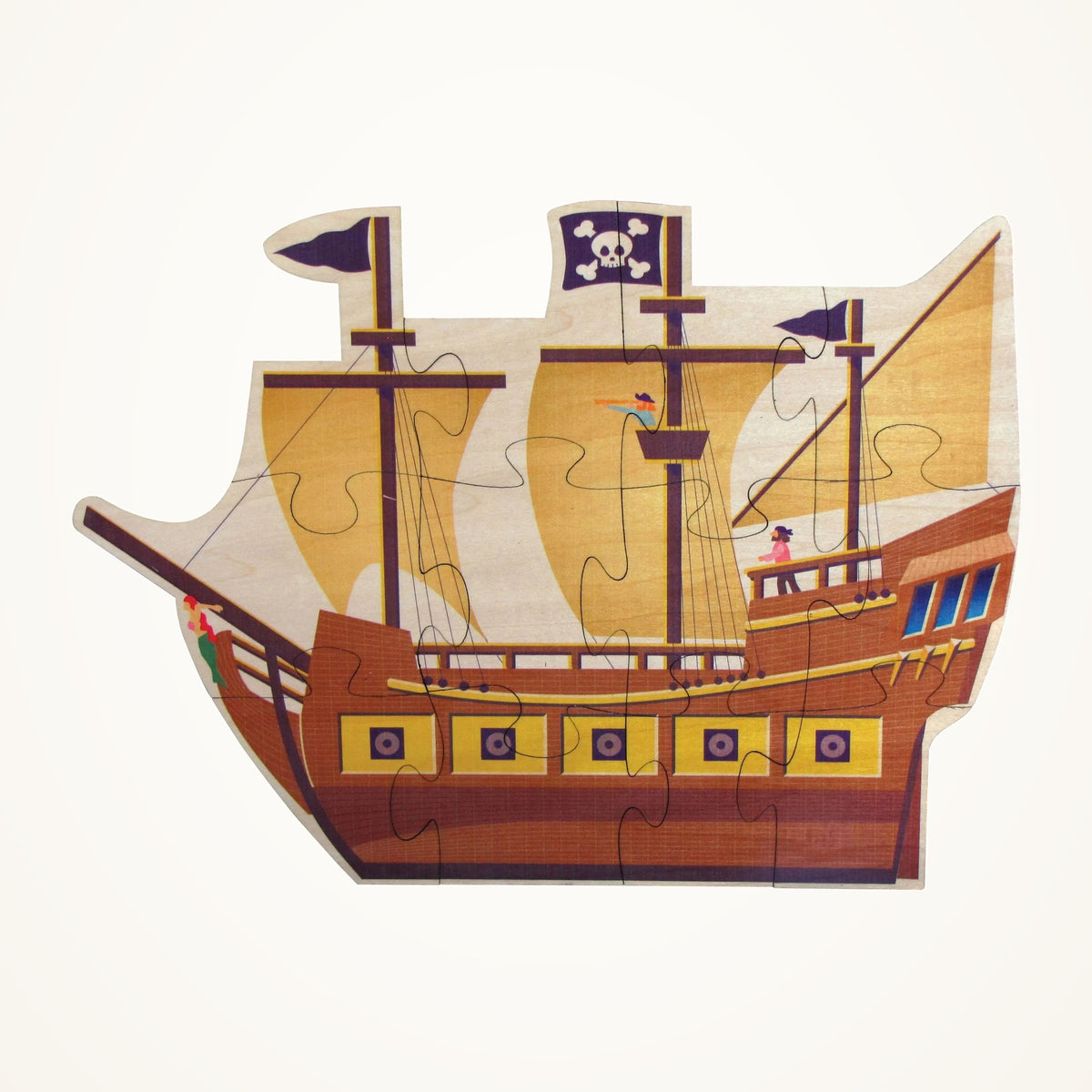 Maple Landmark Pirate Ship Wooden Jigsaw Puzzle, 12 Pieces photographed on a warm ivory background.