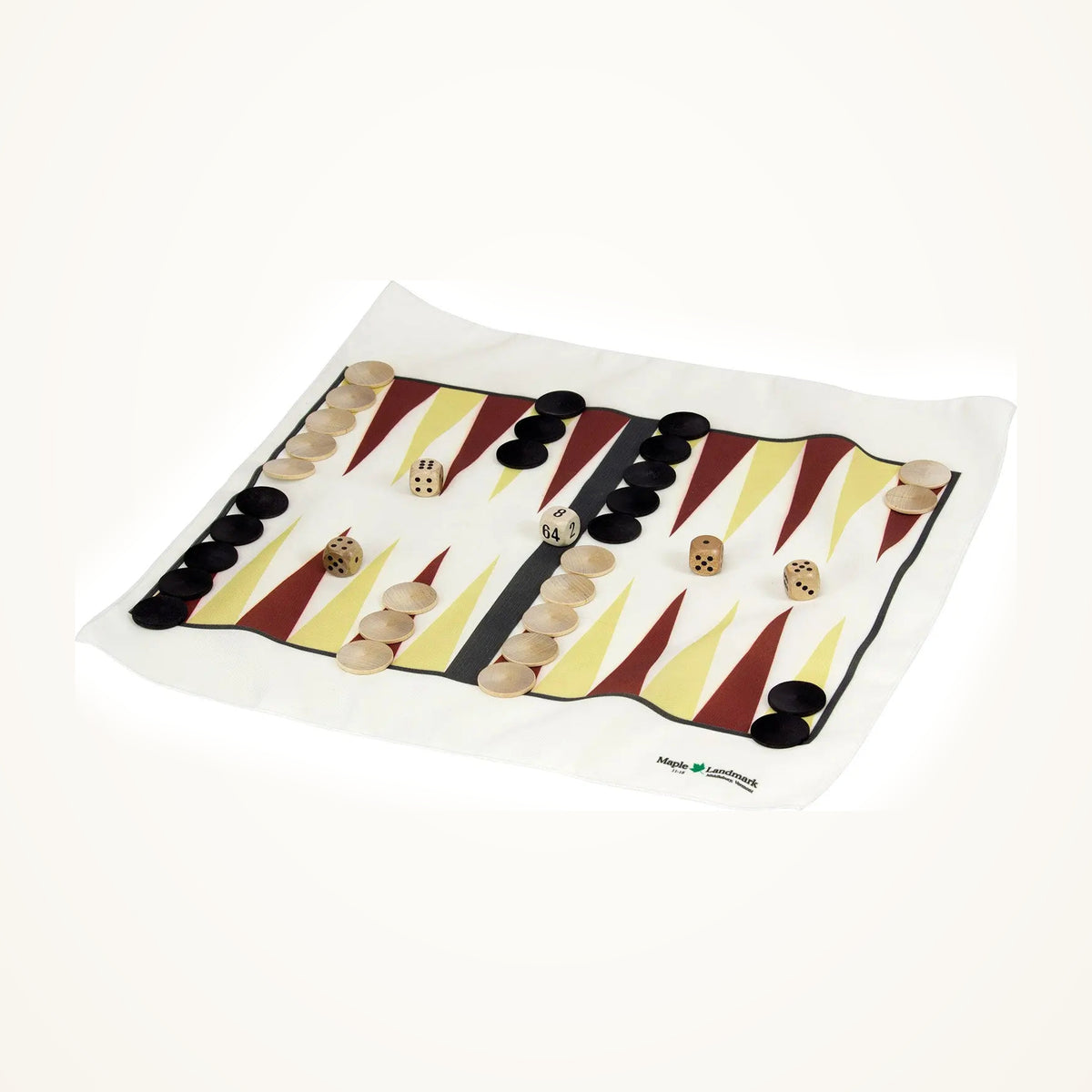 Maple Landmark Backgammon photographed on a warm ivory background.