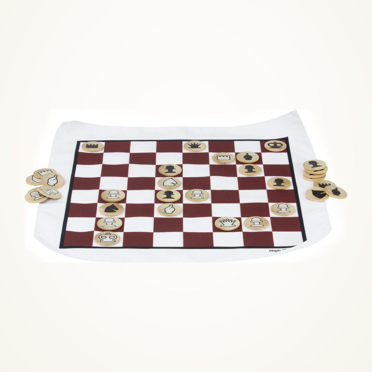Maple Landmark Chess photographed on a warm ivory background.