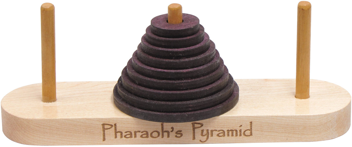 Maple Landmark Pharaoh’s Pyramid puzzle with wooden pegs and nine stacked purple disks