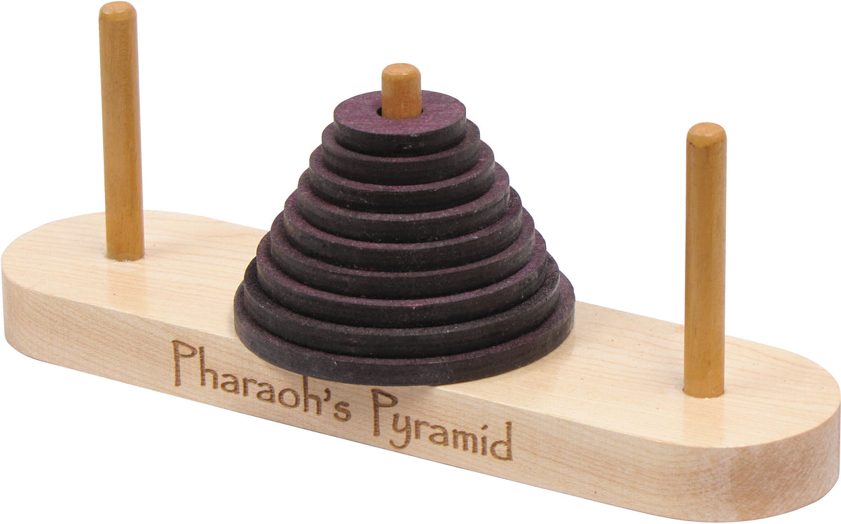 Angled view of Pharaoh’s Pyramid wooden logic puzzle with disks stacked on the center peg