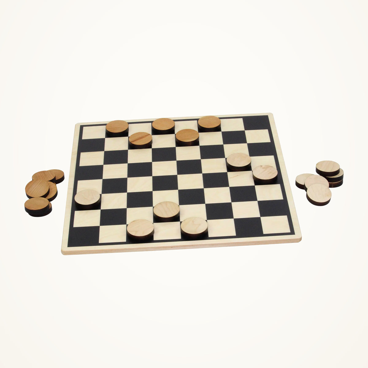 Maple Landmark Large Wooden Checkers Set photographed on a warm ivory background.