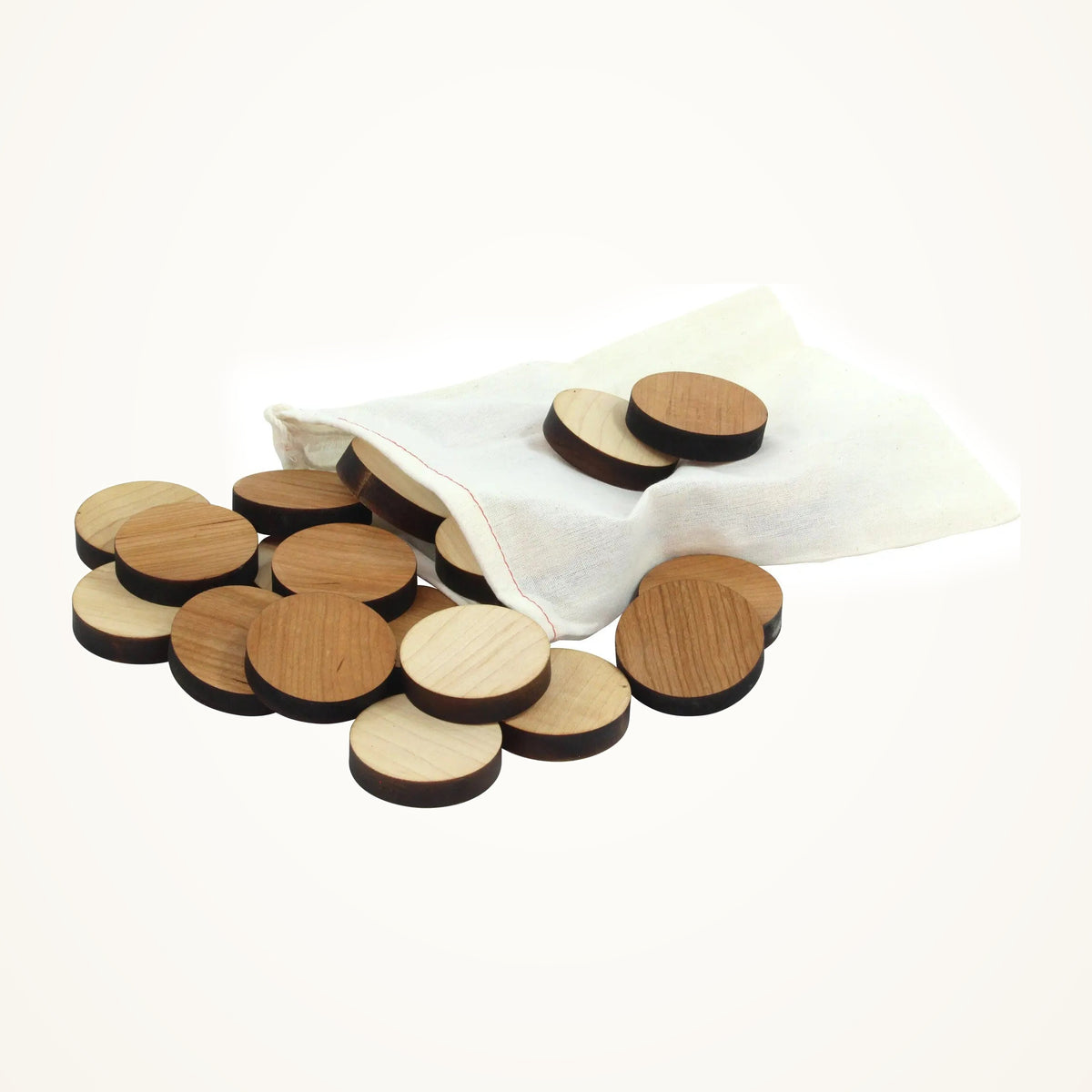 Maple Landmark Larger Checkers Pieces Set photographed on a warm ivory background.