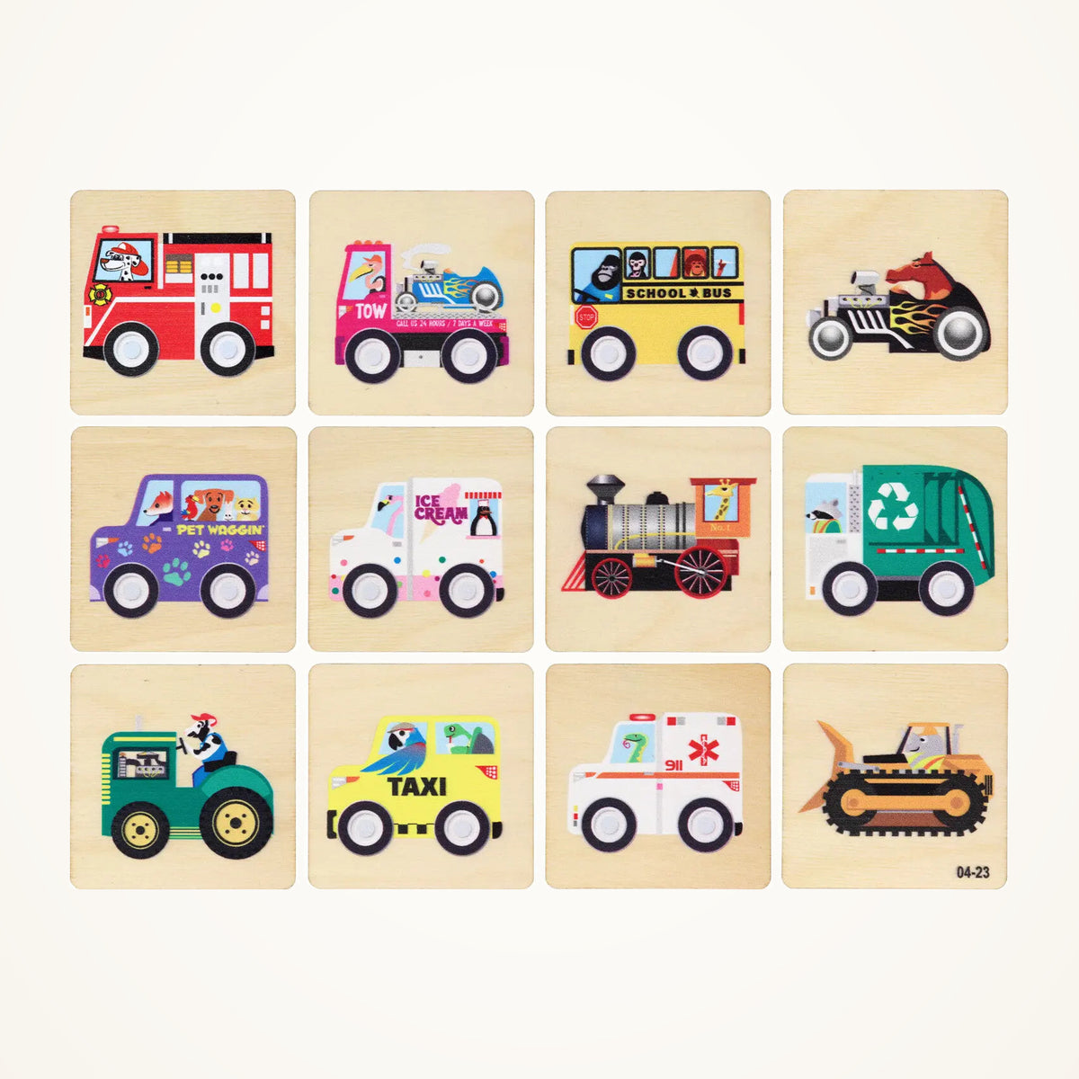 Maple Landmark Vehicles Memory Tiles | Made in USA | Wooden Board Games on a warm ivory background