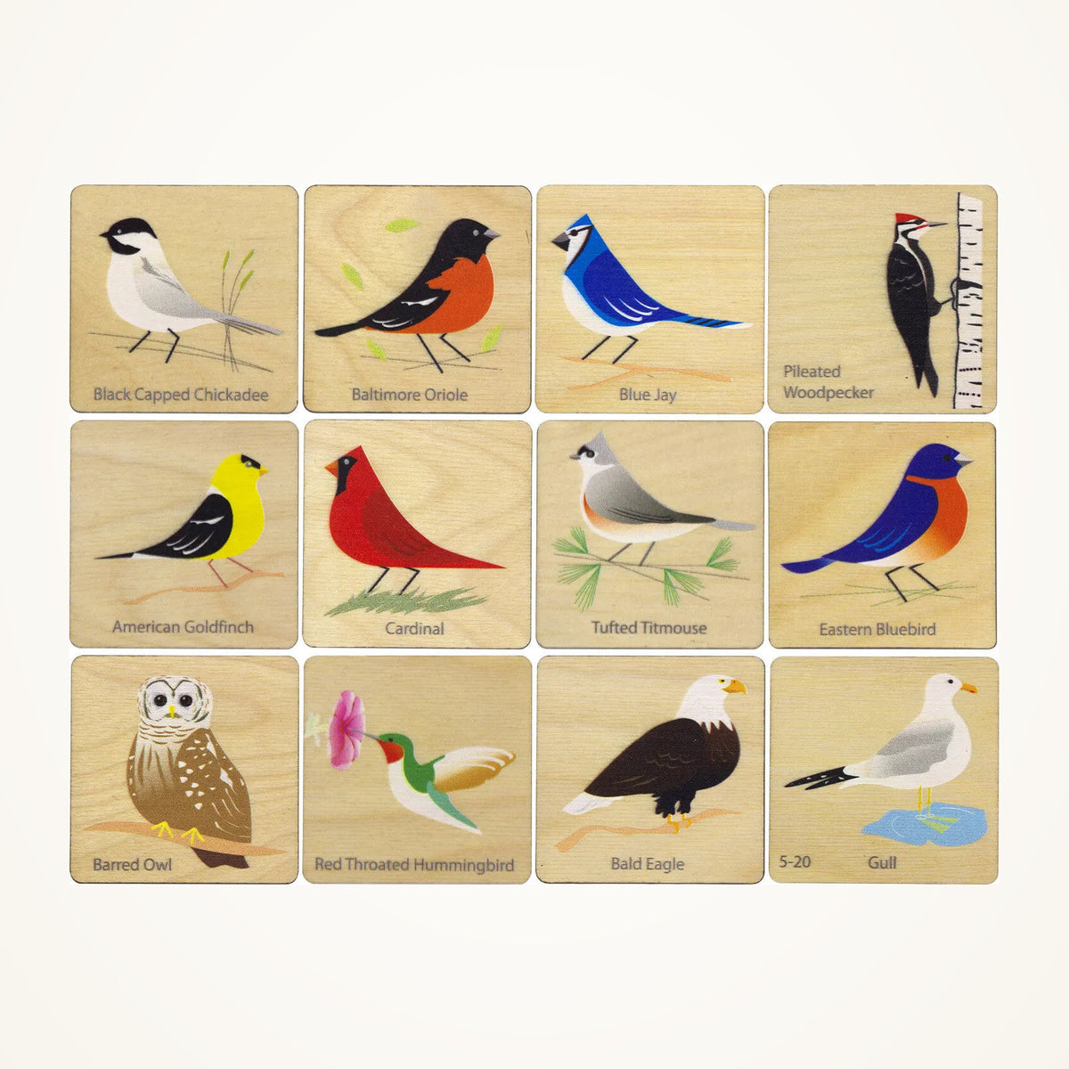 Maple Landmark Birds Memory Tiles photographed on a warm ivory background.