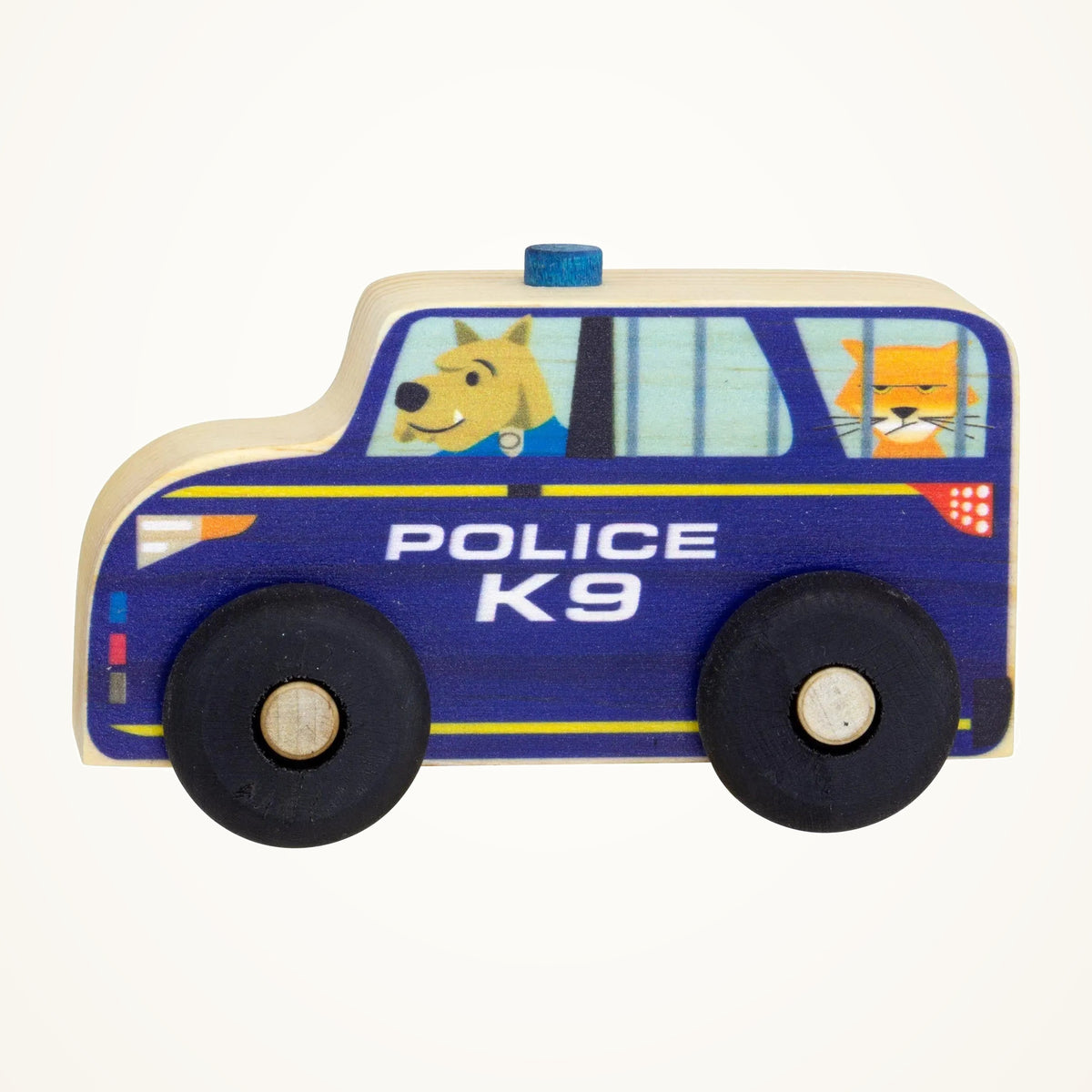 Maple Landmark Police Scoot Wooden Toy Vehicle photographed on a warm ivory background.