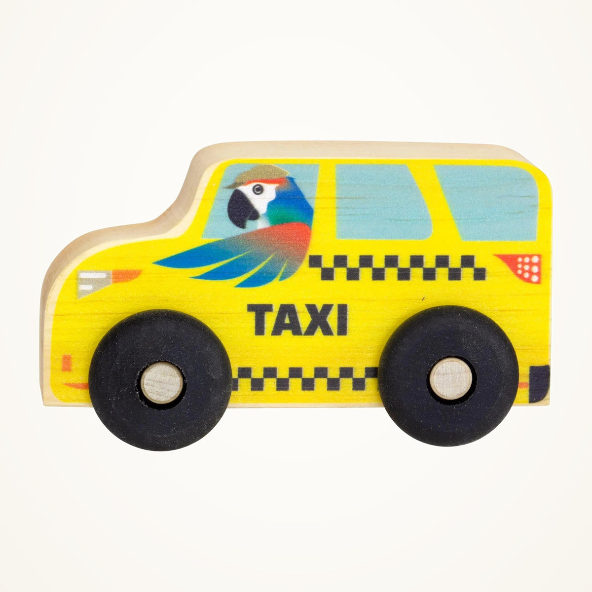 Maple Landmark Taxi Scoot Wooden Toy Vehicle on a warm ivory background