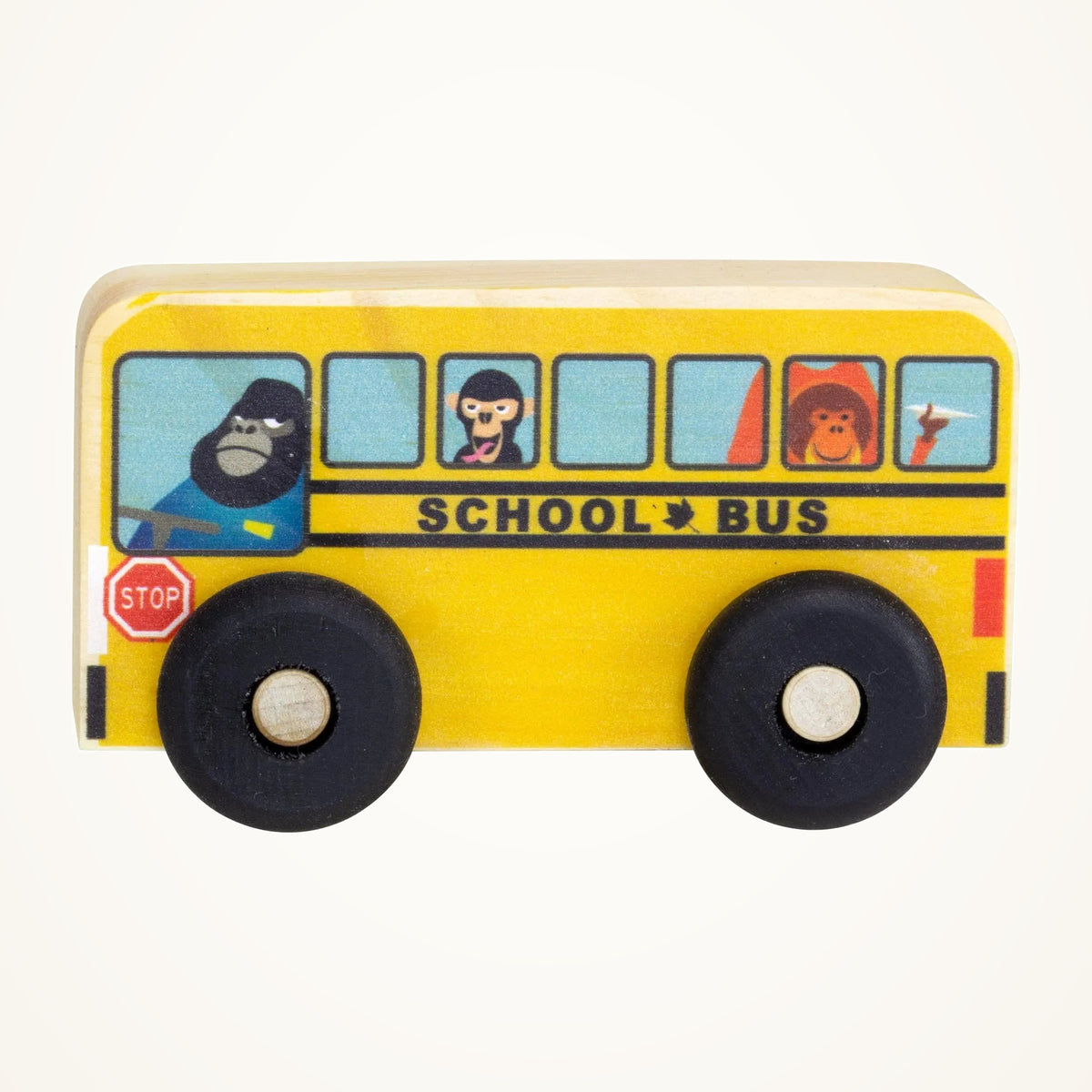 Maple Landmark School Bus Scoot Wooden Toy Vehicle on a warm ivory background