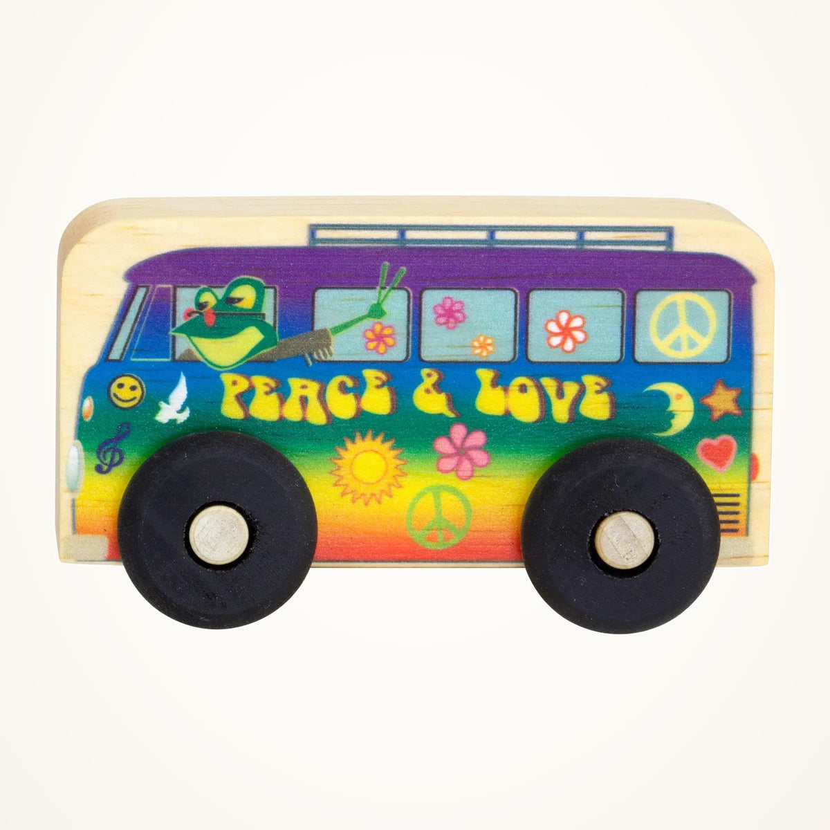 Maple Landmark Peace Van Scoot Wooden Toy Vehicle photographed on a warm ivory background.