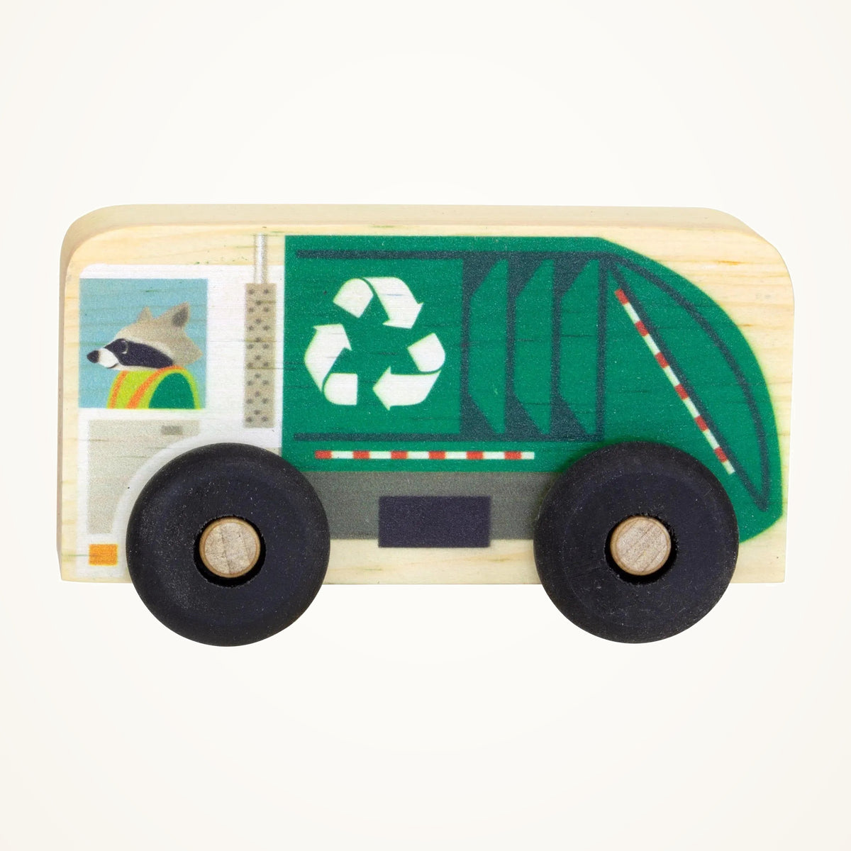 Maple Landmark Waste & Recycling Truck Scoot Wooden Toy Vehicle on a warm ivory background