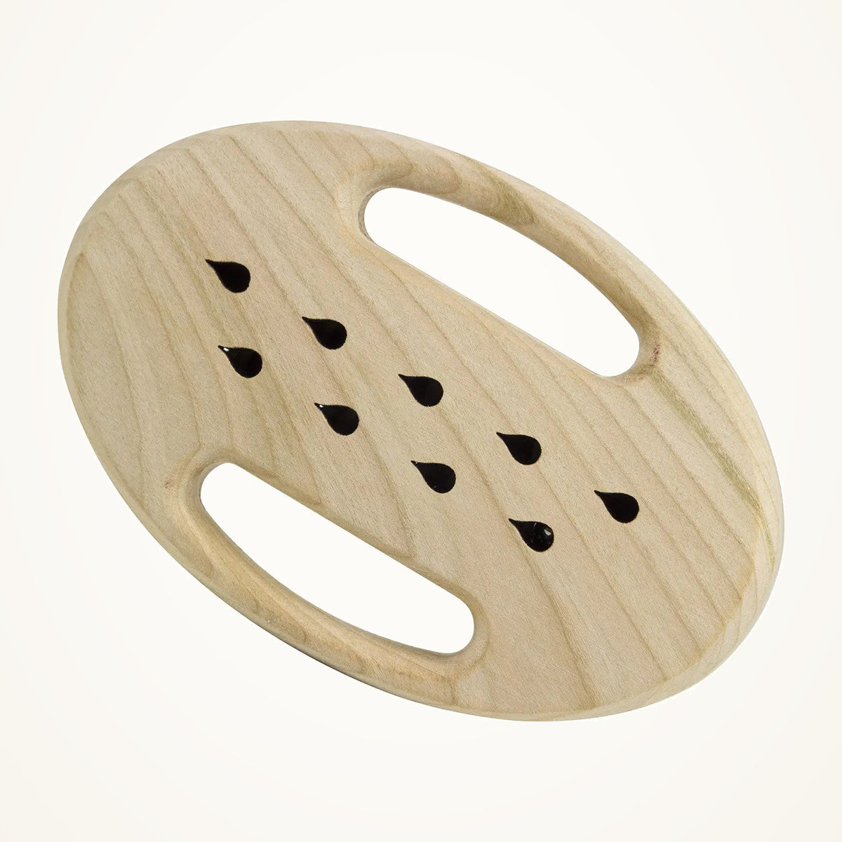 Maple Landmark Rainmaker Cheri Wooden Baby Rattle photographed on a warm ivory background.