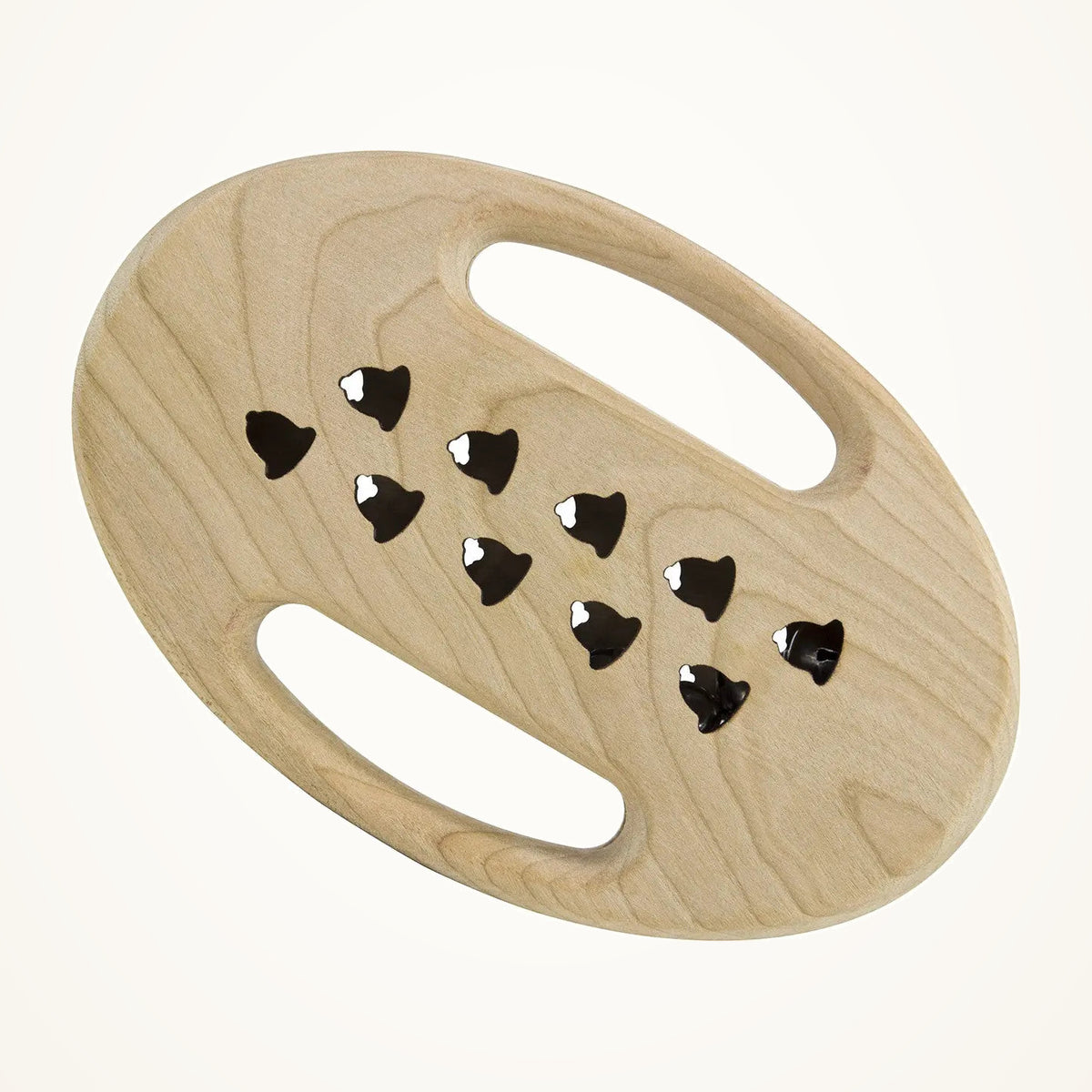 Maple Landmark Jingle Bell Cherrywood Rattle photographed on a warm ivory background.