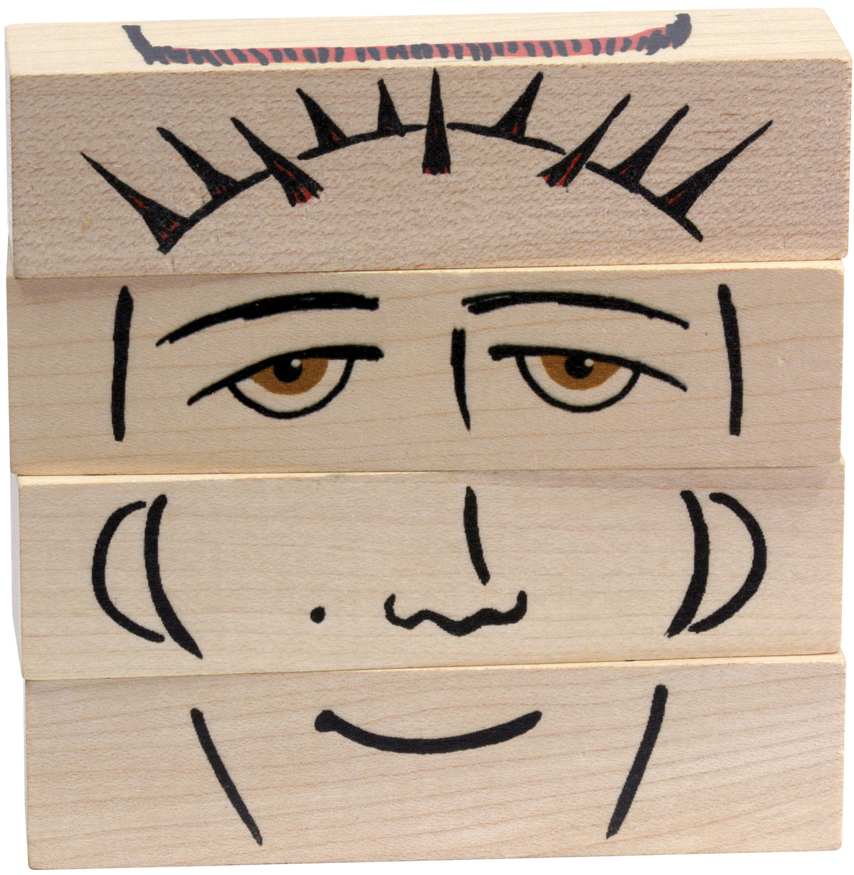 Flip Faces wooden blocks arranged with spiky hair, brown eyes and a smiling mouth