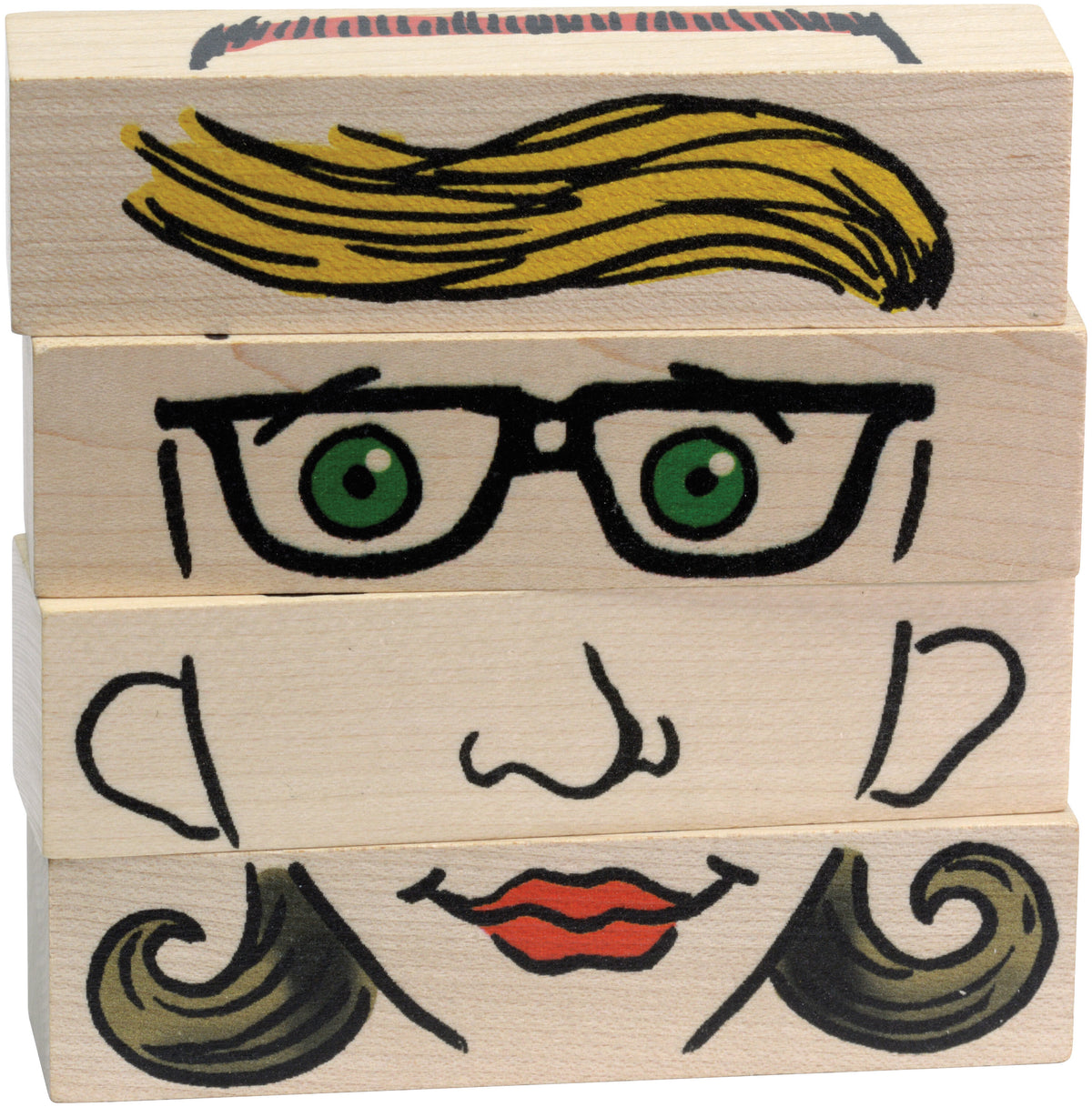 Flip Faces wooden blocks arranged with blond hair, green glasses and red lips