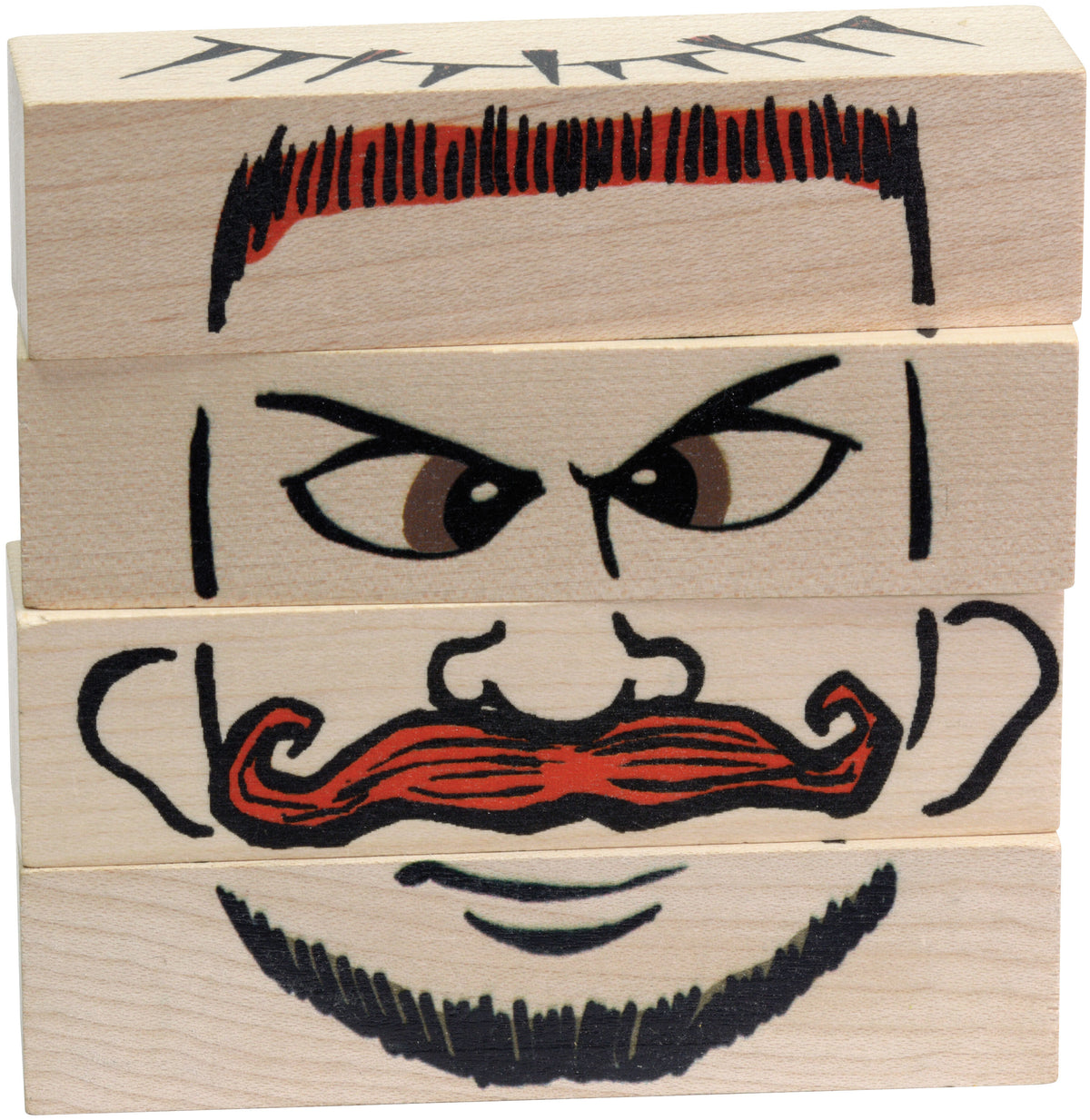Flip Faces wooden blocks arranged with short hair, a red mustache and a beard