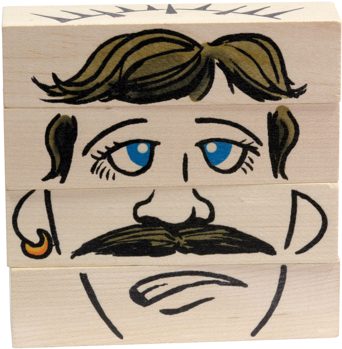 Flip Faces wooden blocks arranged with brown hair, blue eyes and a mustache
