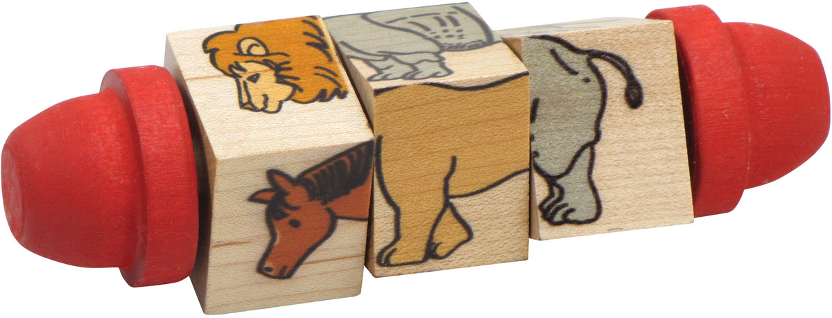 Maple Landmark Spinny Critters wooden animal blocks with red ends