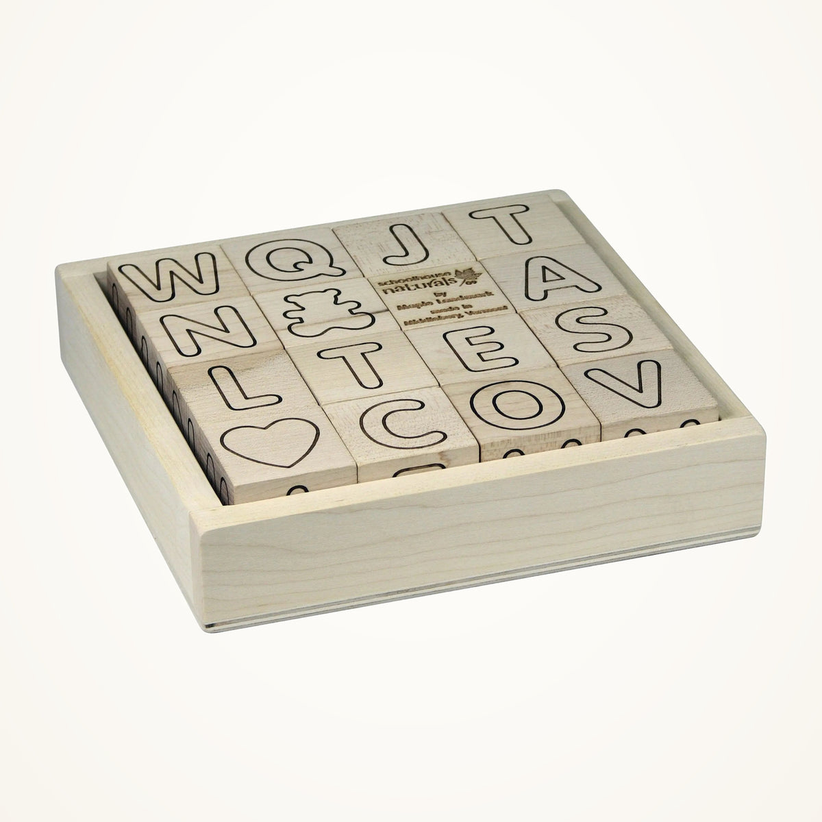 Maple Landmark Simple Wooden Letter Blocks with Tray, 16 Pieces on a warm ivory background