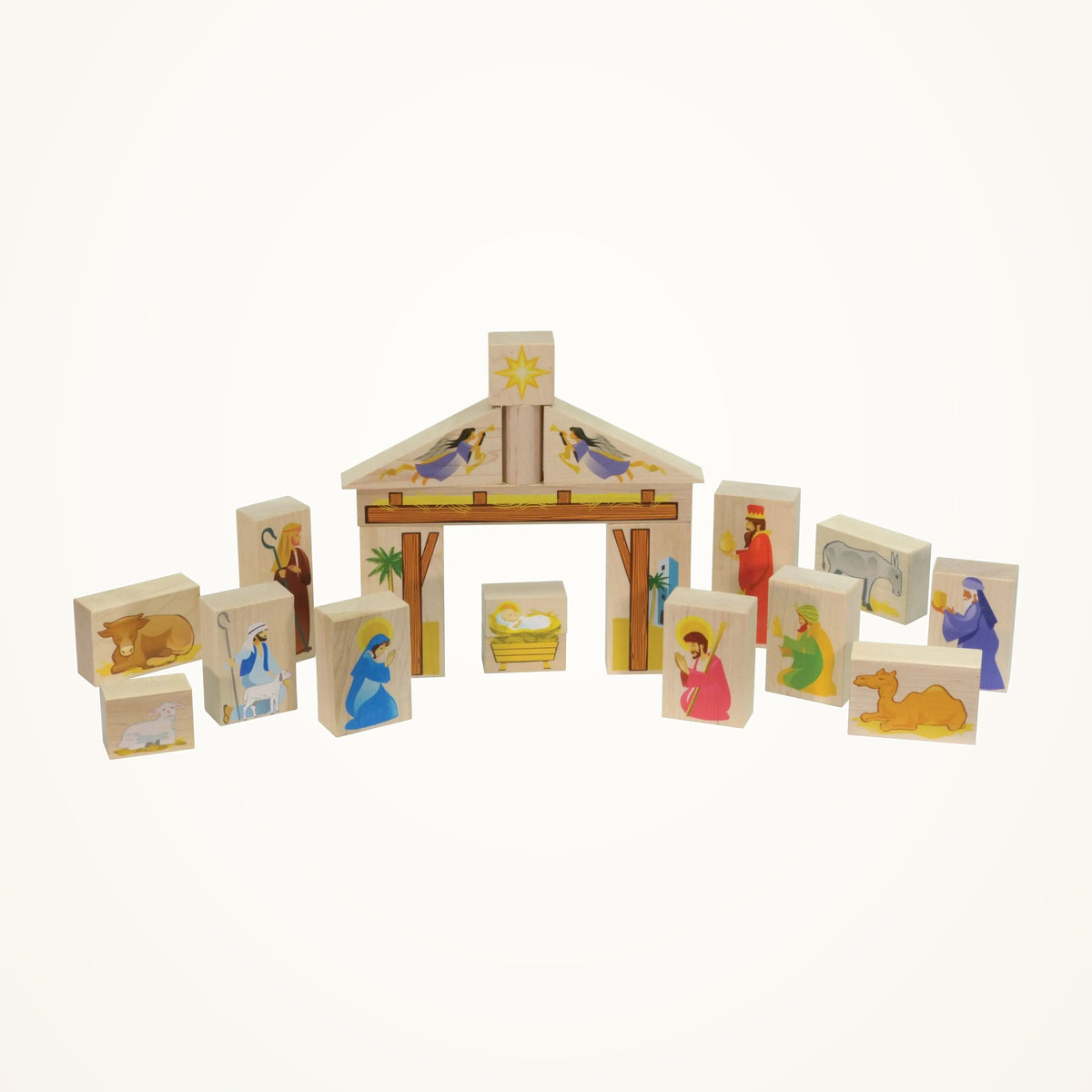 Maple Landmark Wooden Nativity Block Set, 20 Pieces photographed on a warm ivory background.