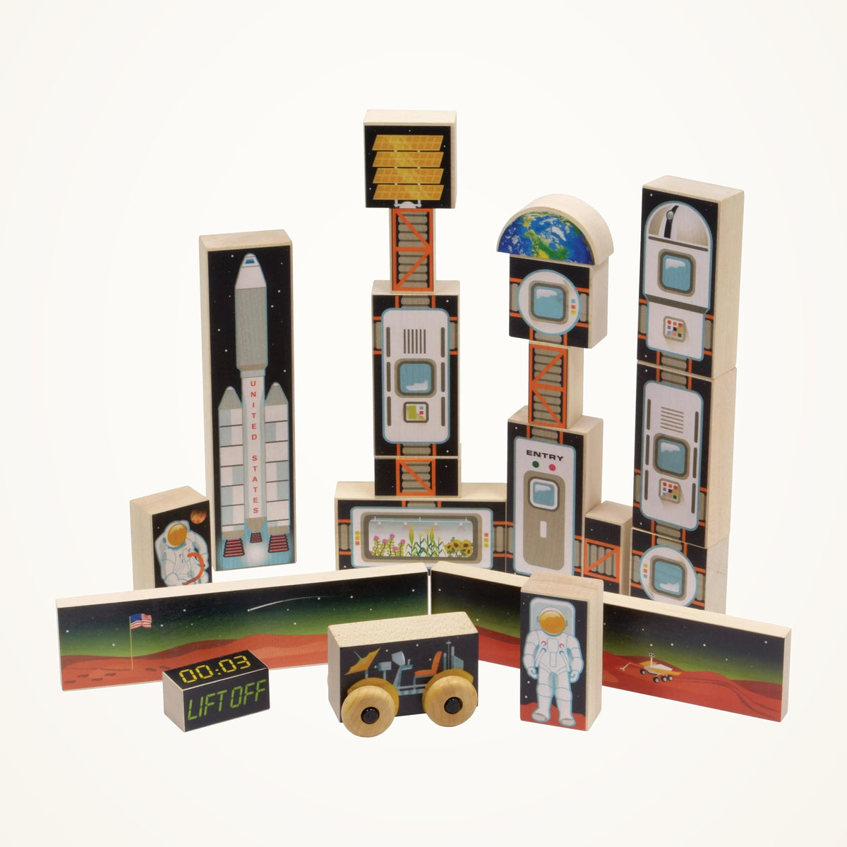 Maple Landmark Space Mission 1 Wooden Block Set, 20 Pieces on a warm ivory background
