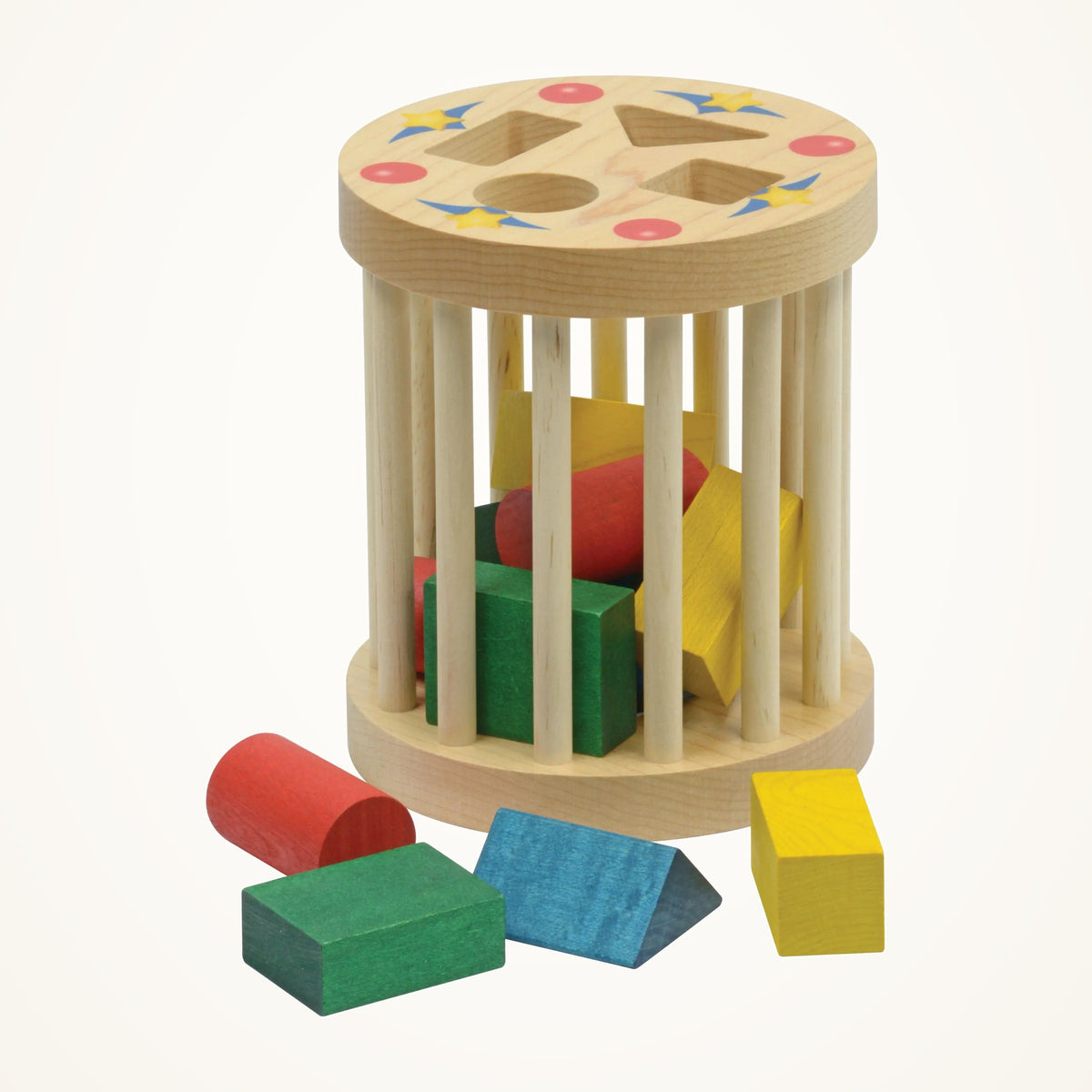 Maple Landmark Wooden Cage Shape Sorter on a warm ivory background