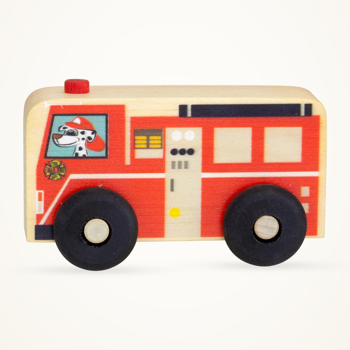 Maple Landmark wooden Fire Truck Scoot with black wheels and Dalmatian driver illustration on a warm ivory background.