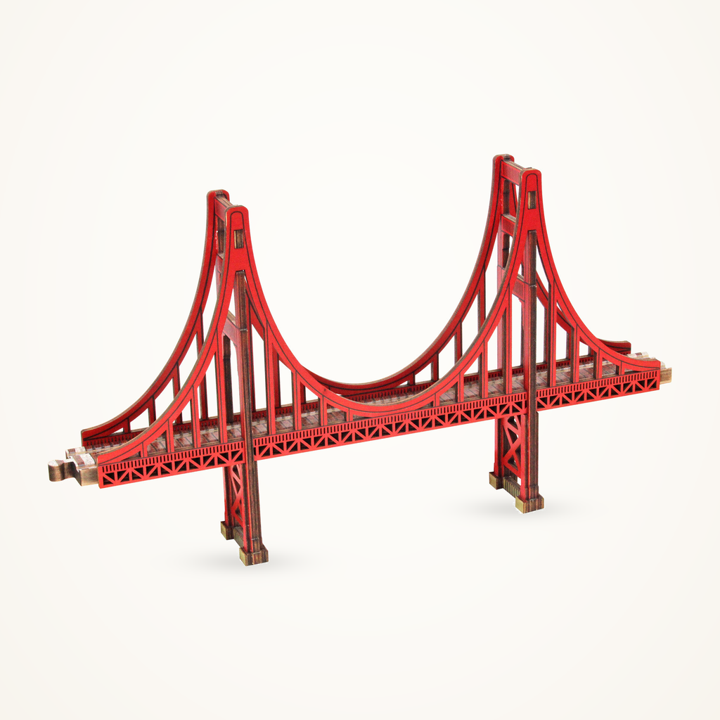 Maple Landmark red-orange Golden Gate wooden train bridge on a warm ivory background.