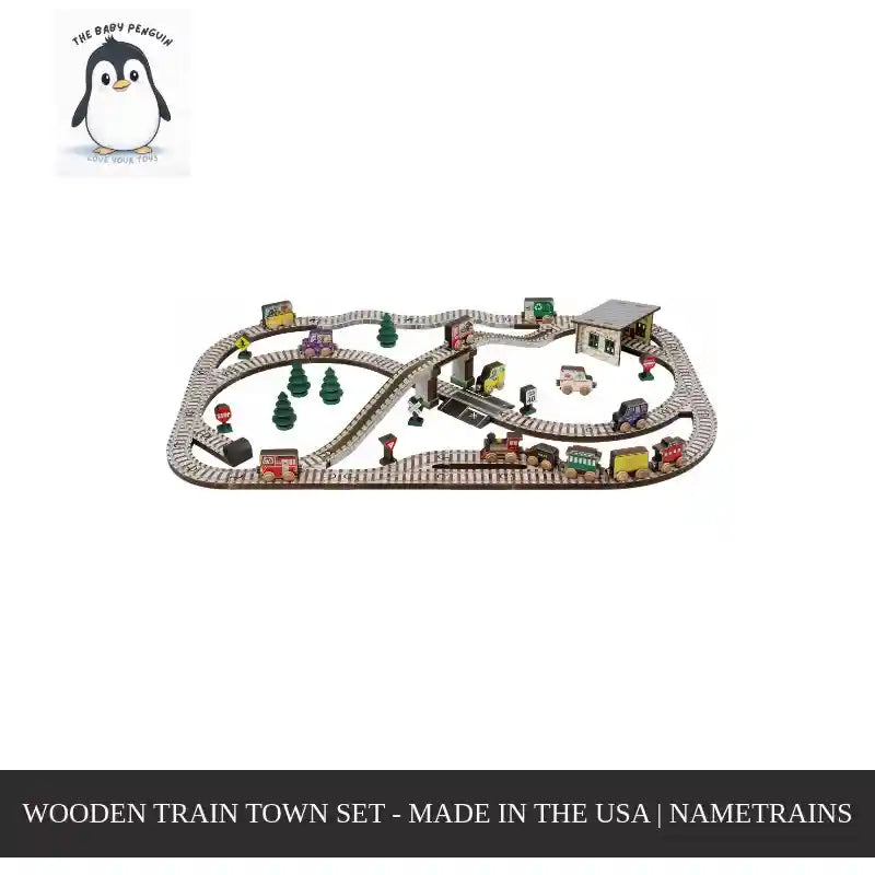 Wooden Train Town Set - Made in the USA | NameTrains by@Outfy
