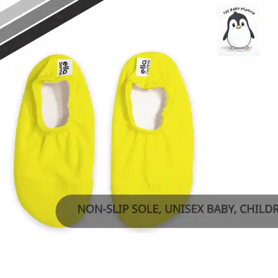 Promotional slideshow of yellow Ella Bonna water shoes, with product and sole views, a size chart and feature graphics.