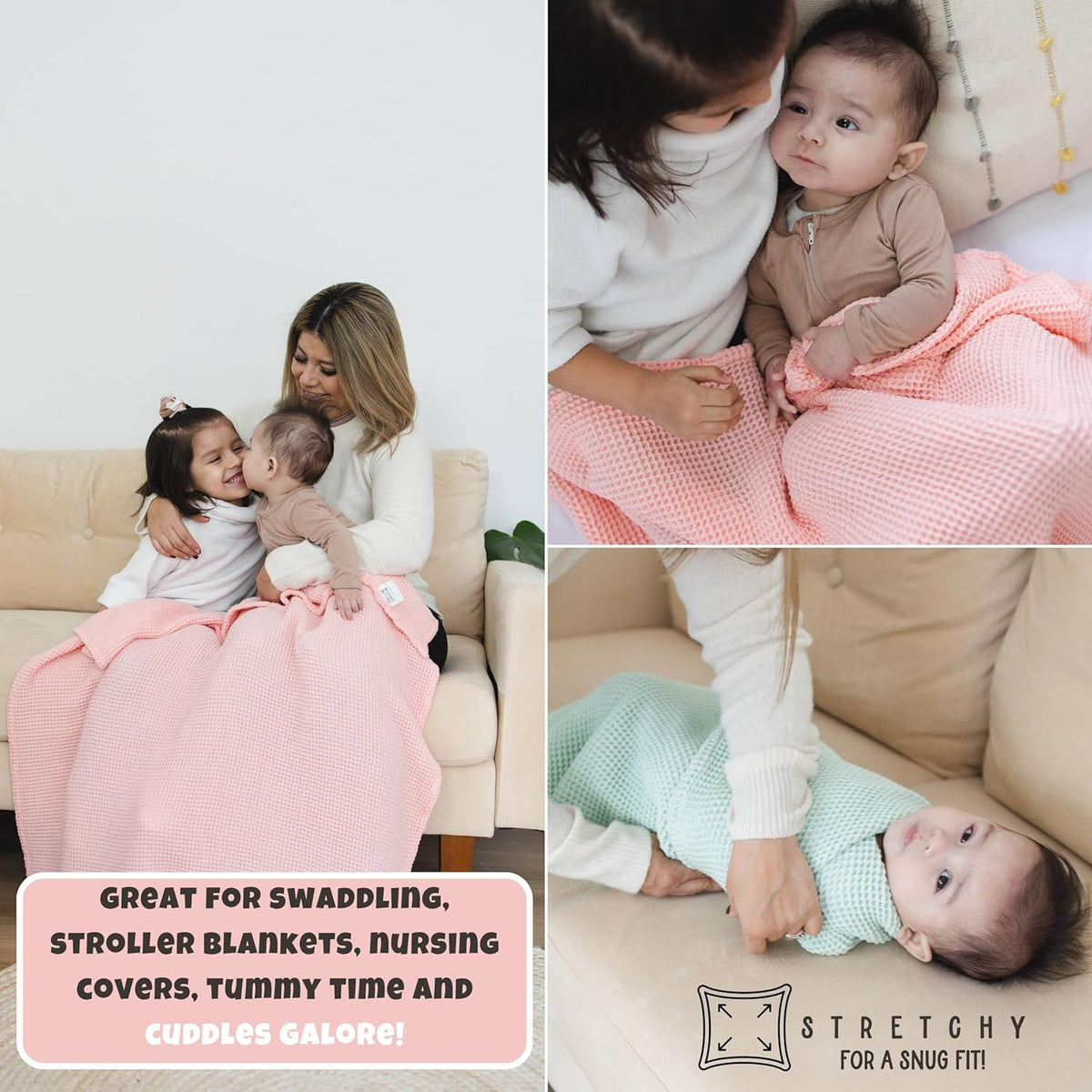 SpiritnSprout: Collage of the rose pink blanket during caregiver cuddles and baby use