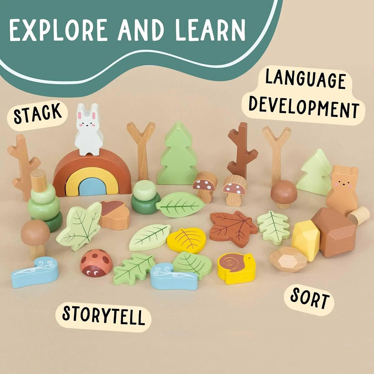 SpiritnSprout: Manufacturer graphic illustrating forest-piece stacking, sorting and storytelling