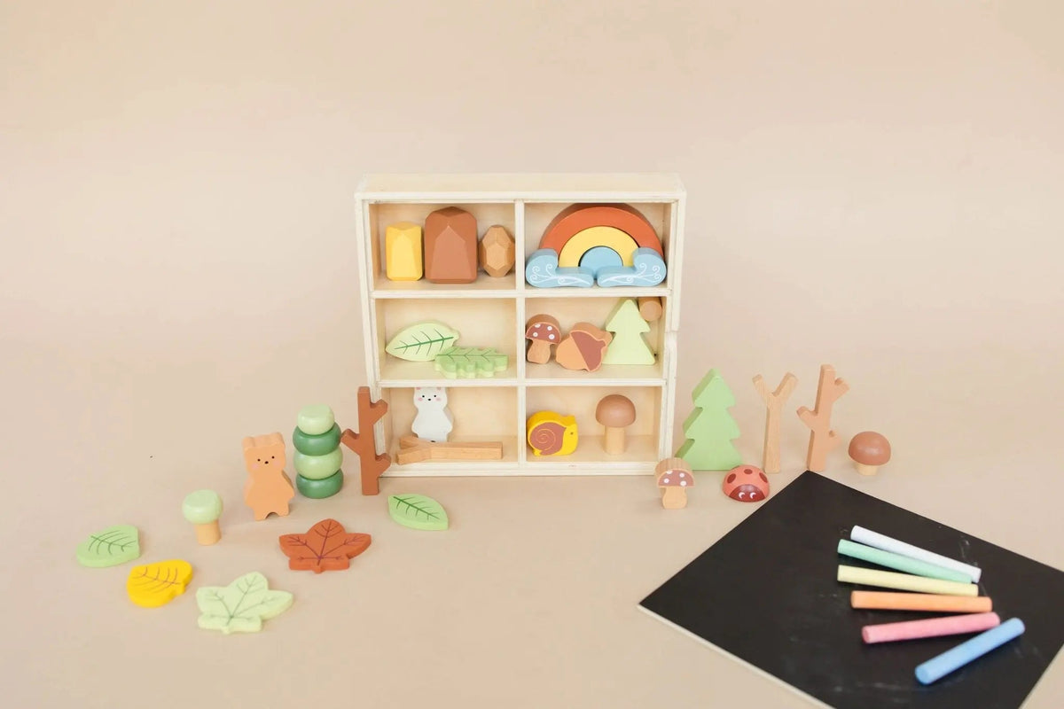 SpiritnSprout: Complete wooden forest set arranged beside its storage box