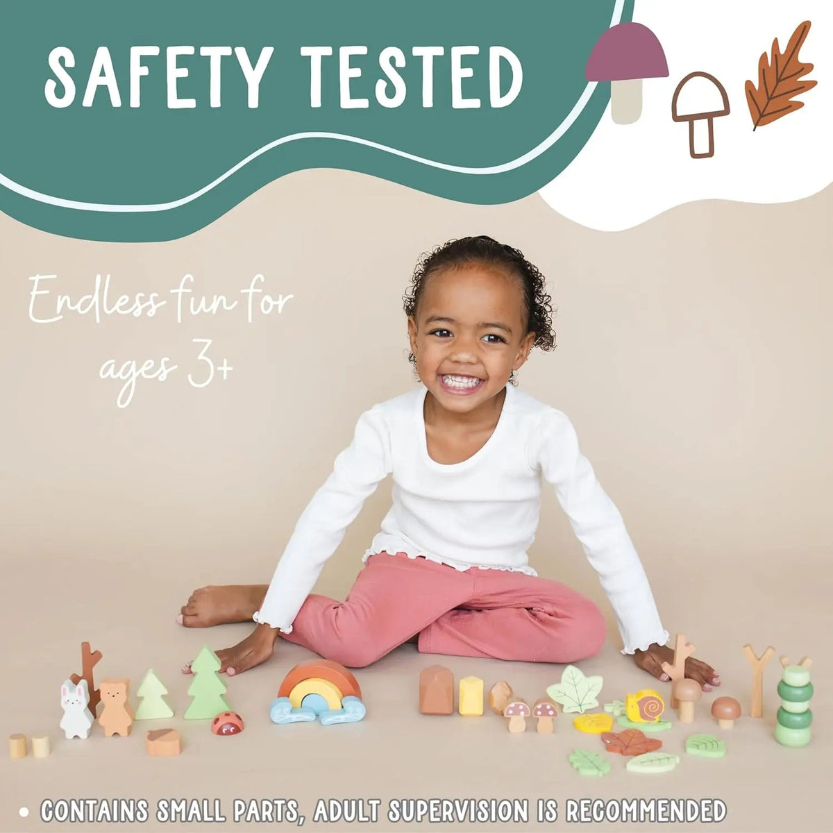 SpiritnSprout: Manufacturer forest-set graphic with 3+ age guidance and small-parts supervision notice
