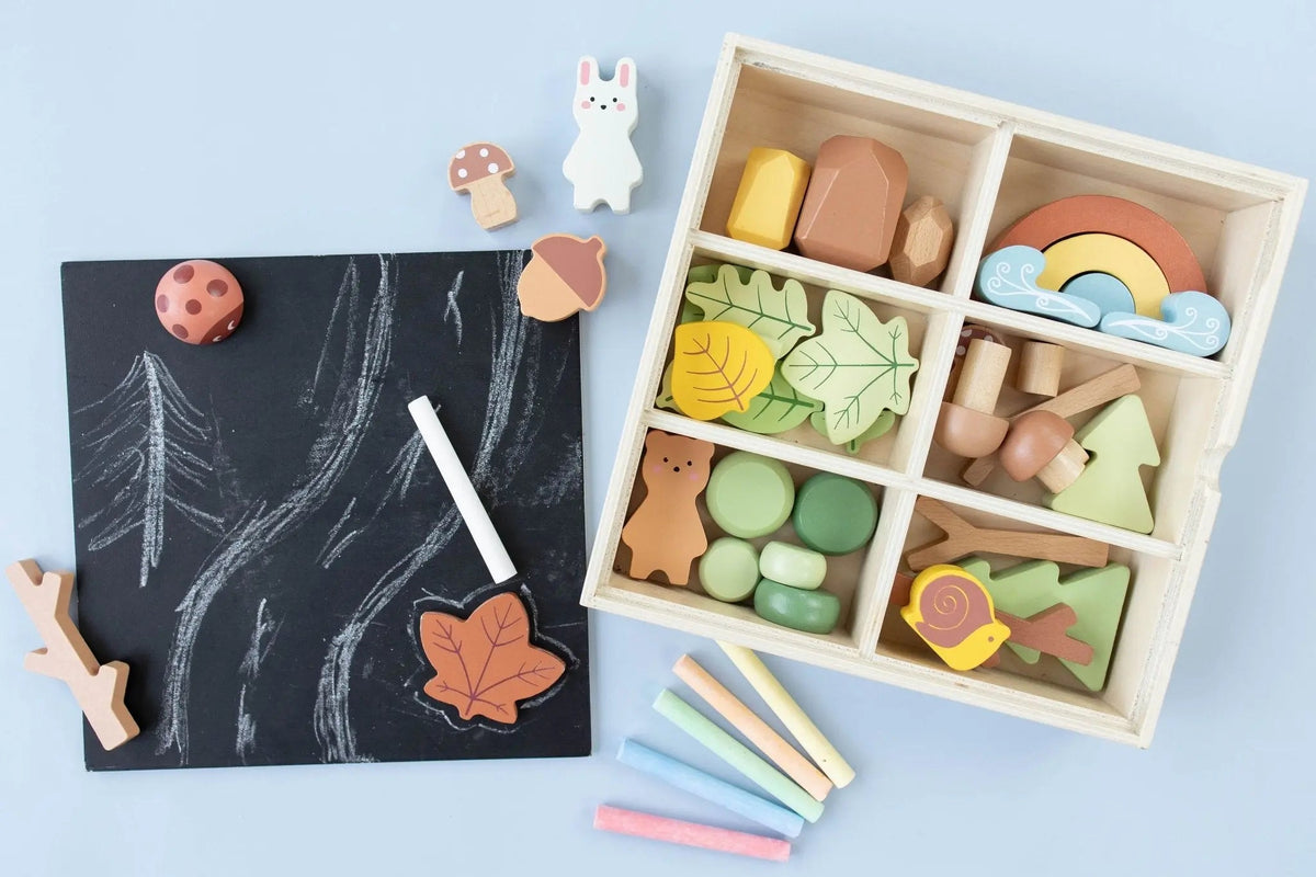 SpiritnSprout: Woodland pieces around the chalkboard lid and open storage box