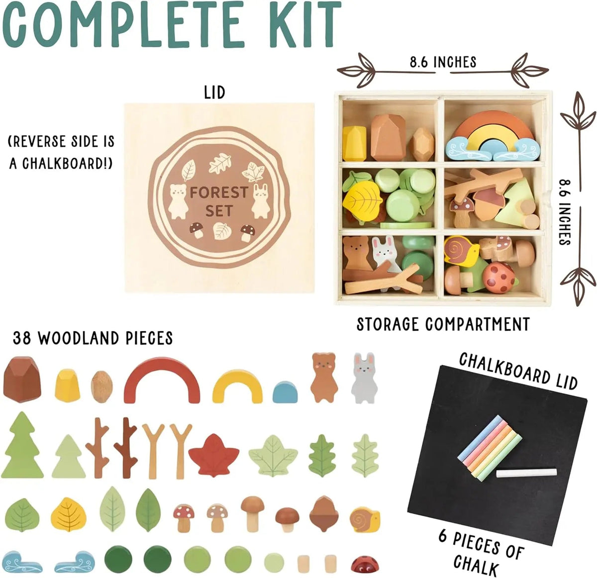 SpiritnSprout: Forest set contents graphic showing 38 wooden pieces, six chalk sticks and an 8.6-inch-square storage box