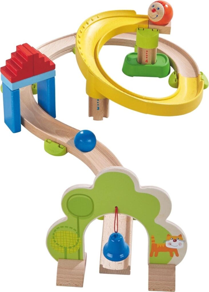 HABA Kullerbu Spiral Track - 26 Piece Wood & Plastic Ball Track Set with Crazy Curves & Bell Age 2+