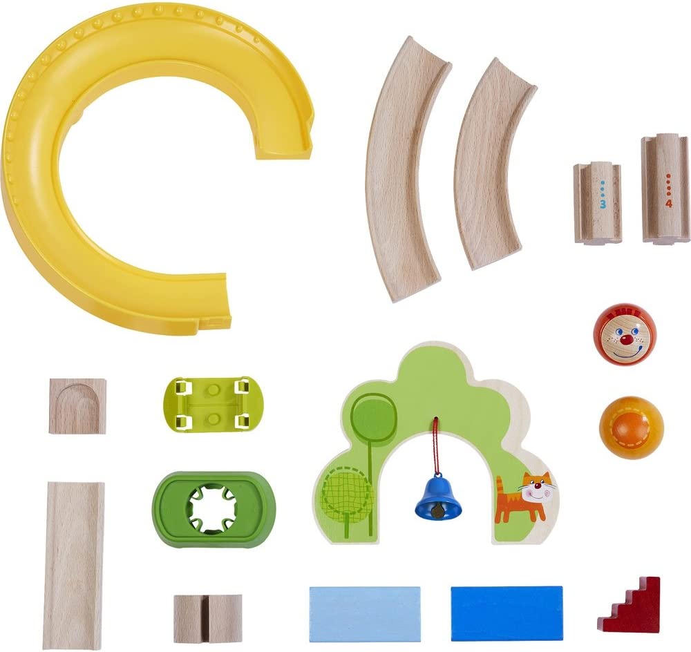 HABA Kullerbu Spiral Track - 26 Piece Wood & Plastic Ball Track Set with Crazy Curves & Bell Age 2+