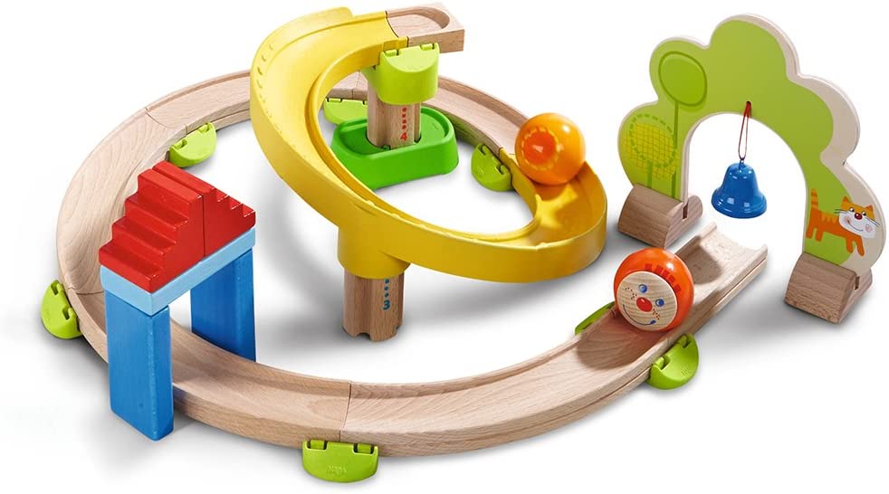 HABA Kullerbu Spiral Track - 26 Piece Wood & Plastic Ball Track Set with Crazy Curves & Bell Age 2+