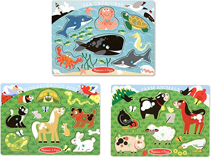 Melissa & Doug Animals Wooden Peg Puzzles Set - Farm, Pets, and Ocean - Animal Puzzles, Peg Puzzles For Toddlers Ages 2+