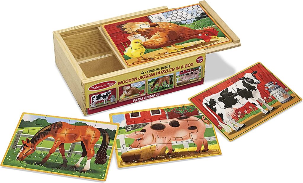 8. Melissa & Doug Farm 4-in-1 Wooden Jigsaw Puzzles in a Storage Box (48 pcs total)