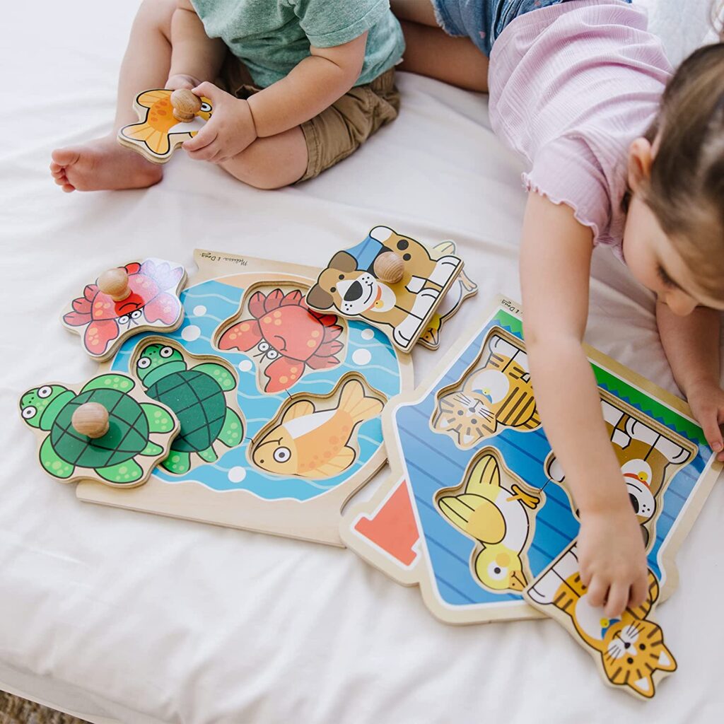 Melissa & Doug Animals Jumbo Knob Wooden Puzzles Set - Fish and Pets - Chunky Wooden Puzzles for Toddlers, Animal Puzzles For Kids Ages 1+