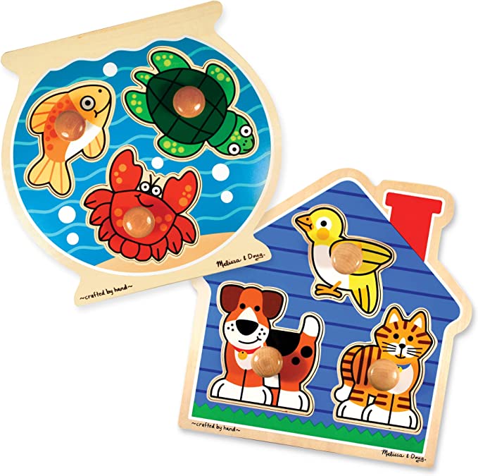 Melissa & Doug Animals Jumbo Knob Wooden Puzzles Set - Fish and Pets - Chunky Wooden Puzzles for Toddlers, Animal Puzzles For Kids Ages 1+