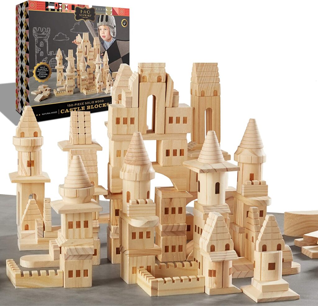 FAO SCHWARZ {150 Piece Set} Wooden Castle Building Blocks Set, Toy Solid Pine Wood Block Playset Kit for Kids, Toddlers, Boys, and Girls