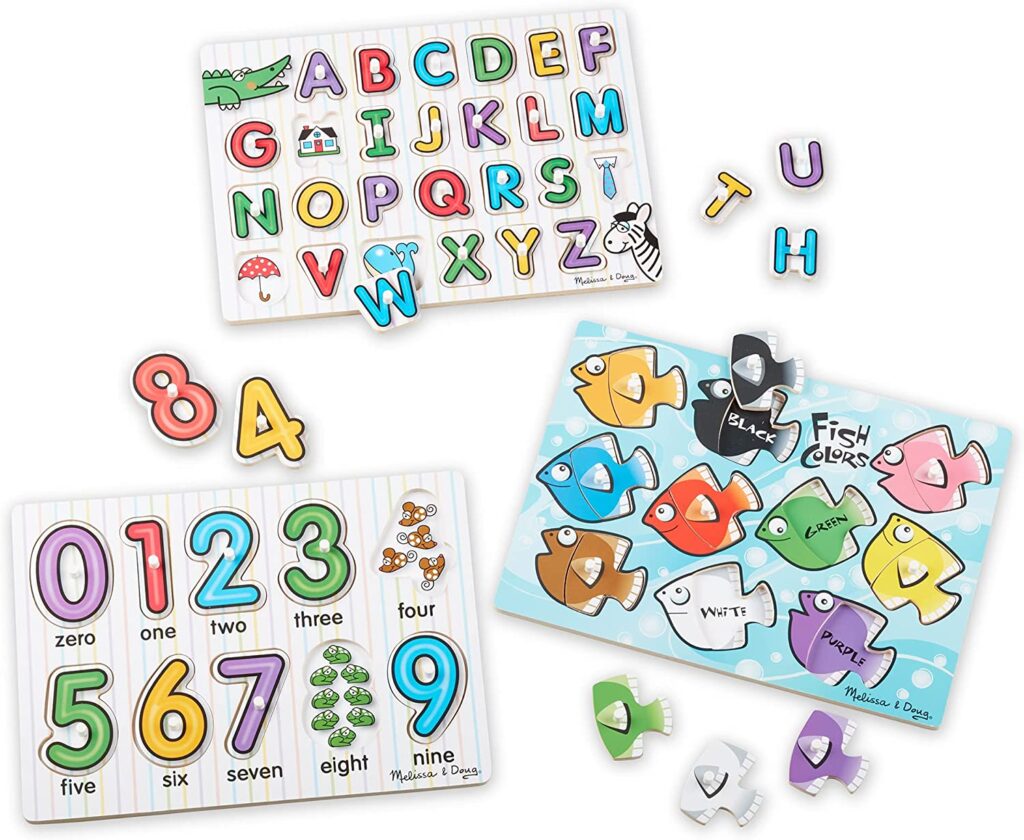 Melissa & Doug Classic Wooden Peg Puzzles (Set of 3) - Numbers, Alphabet, and Colors - Toddler Learning Toys, Alphabet And Numbers Puzzles For Kids Ages 3+