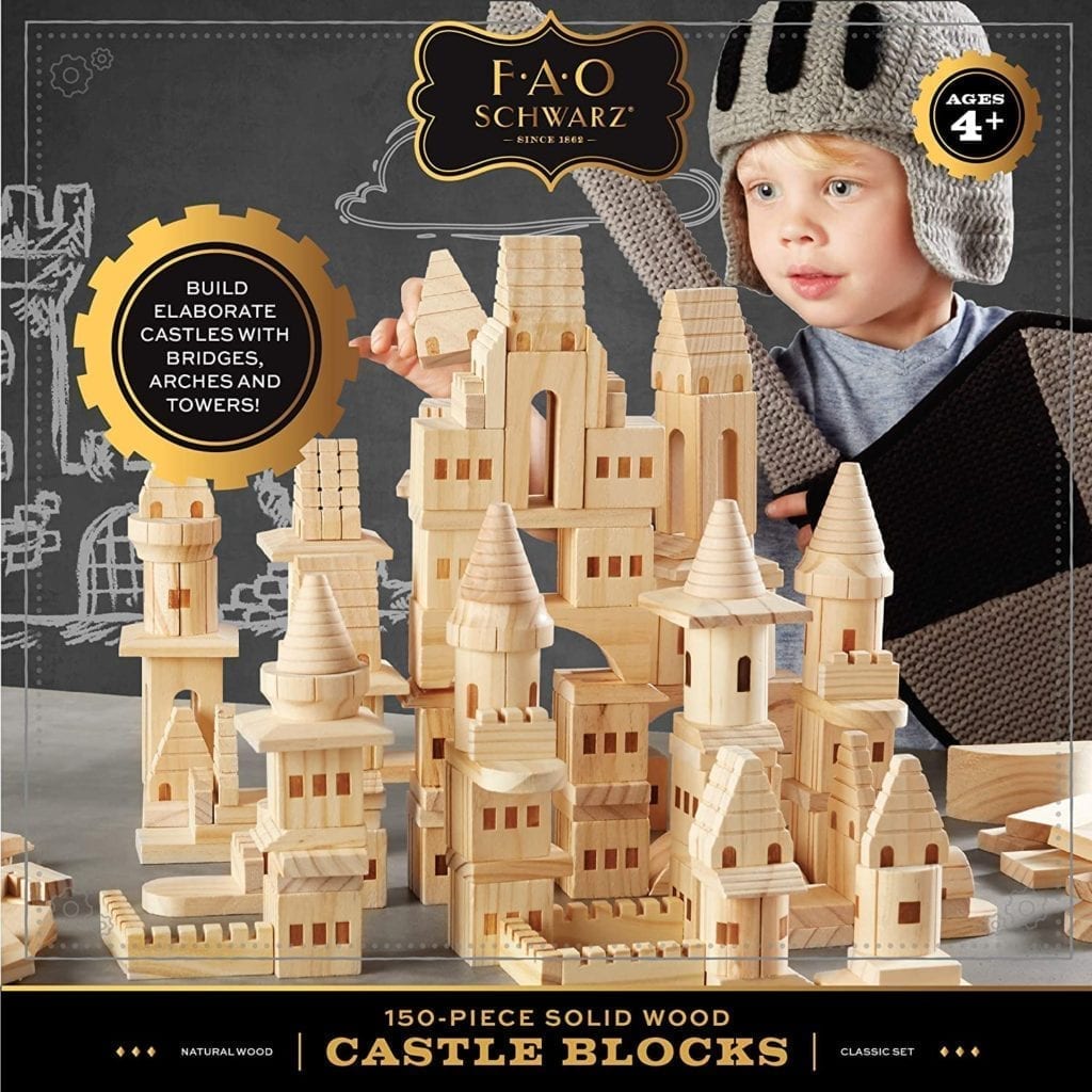 Wooden Castle Building Blocks Set FAO SCHWARZ Toy Solid Pine Wood Block Playset Kit for Kids, Toddlers, Boys, and Girls, Fantasy Medieval Knights and Princesses with Bridges and Arches