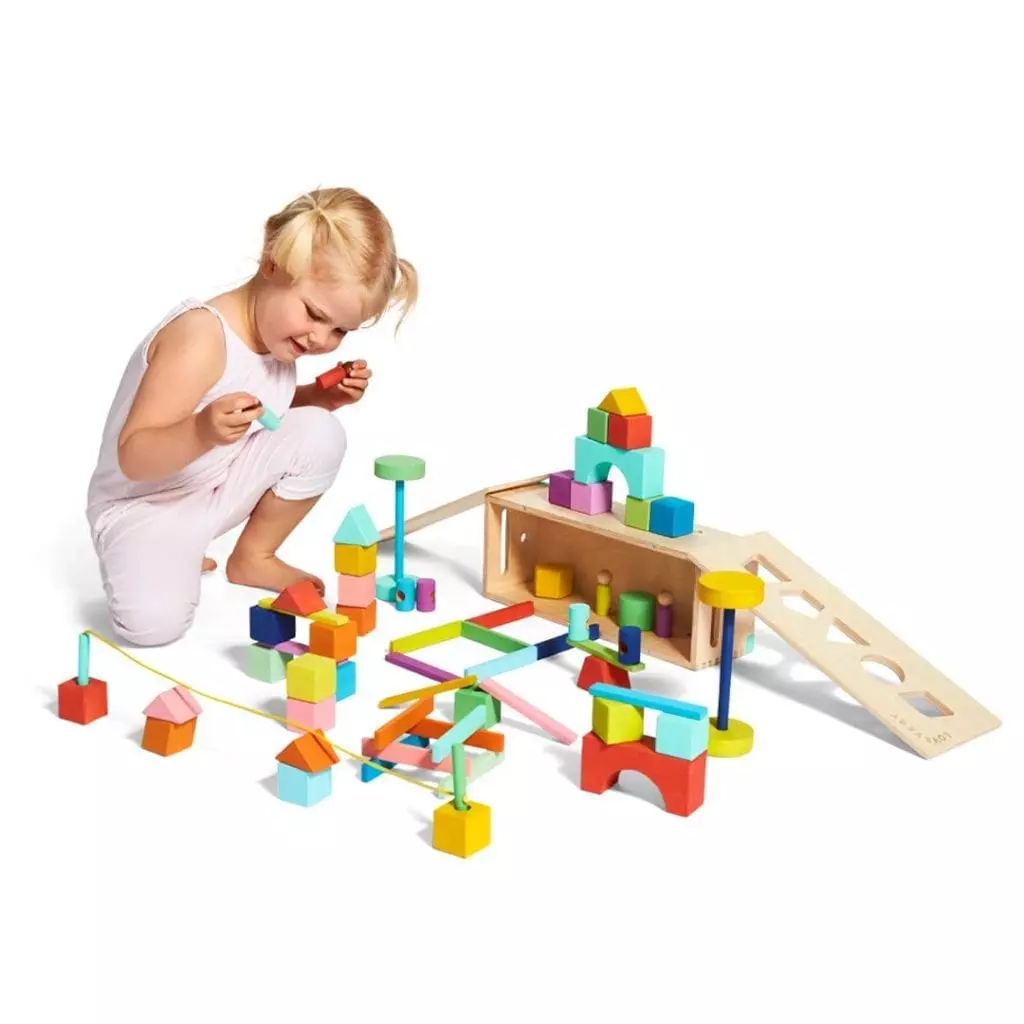 The Block Set by Lovevery – Solid Wood Building Blocks and Shapes + Wooden Storage Box, 70 Pieces, 18 Colors, 20+ Activities