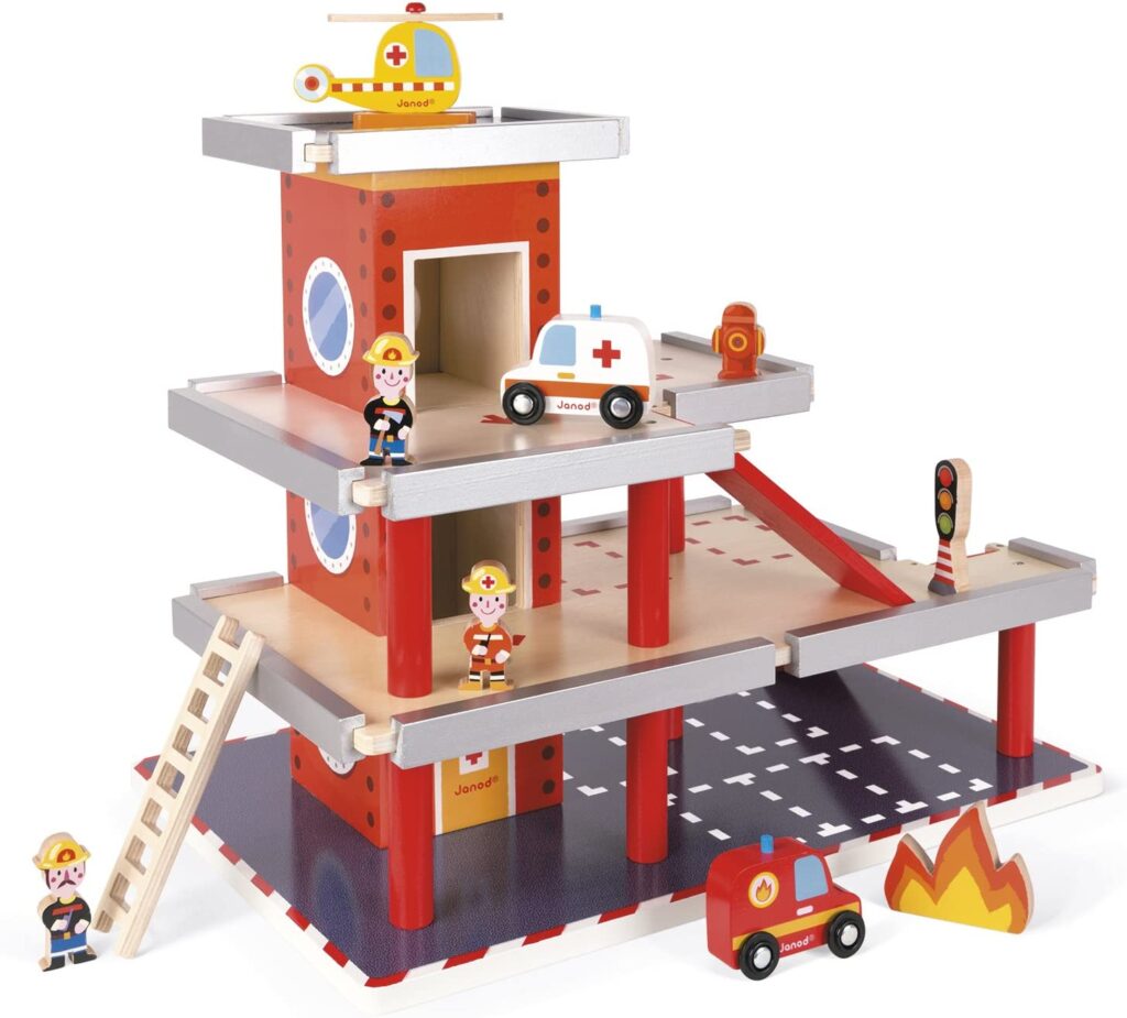 Janod Wooden Fire Station Playset – 3-Level with Figures & Vehicles Included – Manual Elevator, Ramps, & Gas Pump for Interactive Play – Develops Role Play & Imaginative Skills – Ages 3+ Years