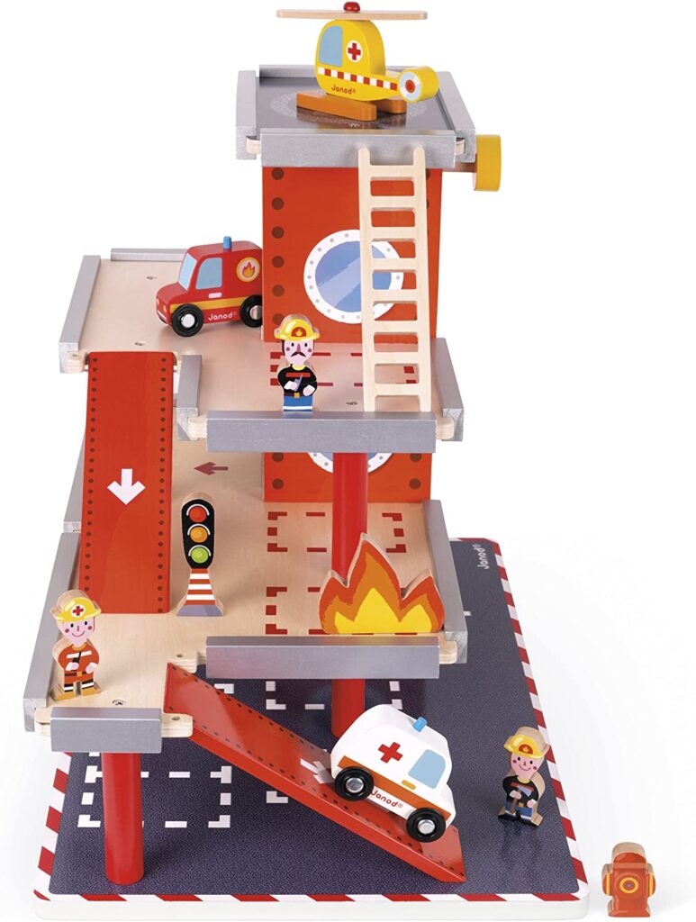 Janod Wooden Fire Station Playset – 3-Level with Figures & Vehicles Included – Manual Elevator, Ramps, & Gas Pump for Interactive Play – Develops Role Play & Imaginative Skills – Ages 3+ Years