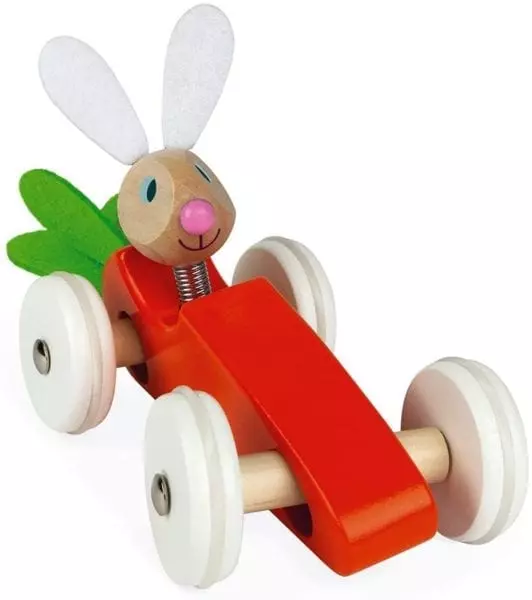 Janod Wooden Rabbit Lapin Carrot Car Push Car Early Learning and Motor Skills Toy for Ages 12 Months+, Model: J08247